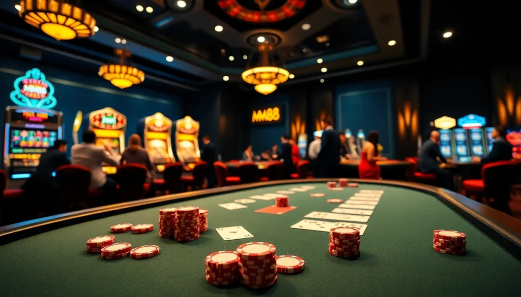 Experience the thrill of MM88 casino gaming with vibrant chip stacks and eager players.