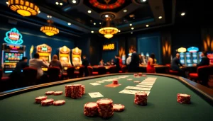 Experience the thrill of MM88 casino gaming with vibrant chip stacks and eager players.