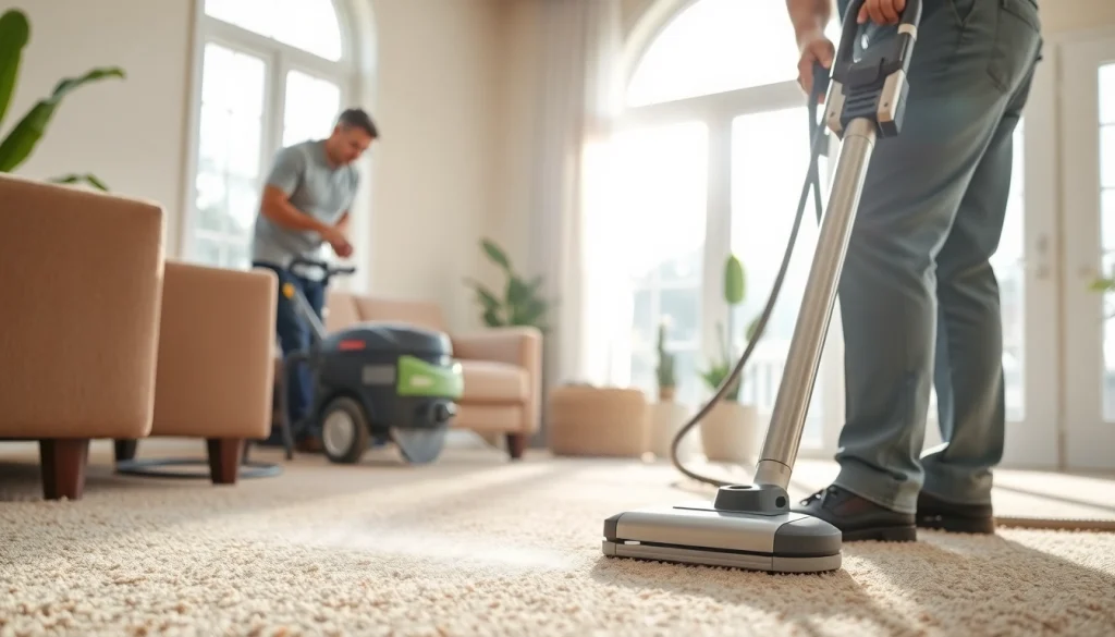 Skilled carpet cleaners Roseville CA revitalizing carpets in a bright living room setting.
