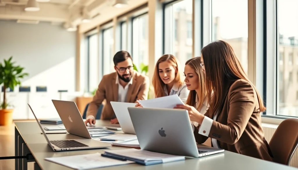 Tax season preparation with professional advisors collaborating in a bright office.