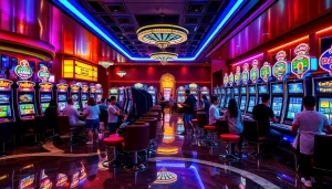 Para penggemar deposit pulsa slot menikmati mesin slot yang berwarna-warni di lingkungan kasino mewah.