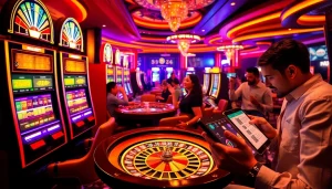 Adegan kasino yang menarik dengan opsi slot deposit 1K pada mesin digital dan meja permainan yang penuh warna.