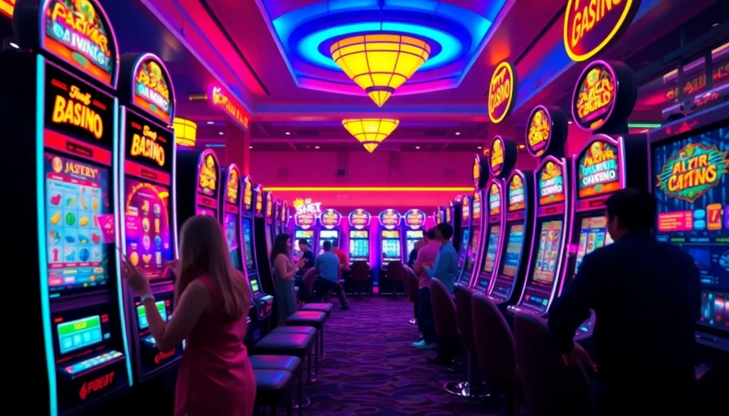 Slot depo 1k menampilkan berbagai mesin slot dengan suasana kasino yang cerah dan energik.