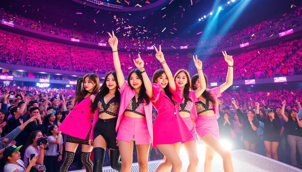BLACKPINK news showcases an energetic live concert scene with vibrant performances and cheering fans.