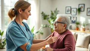 Engaging scene of in home care austin tx with a caregiver assisting a senior in a bright home.