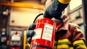 Inspecting a pass fire extinguisher with a firefighter in an industrial setting.