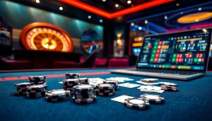 Experience RR88's vibrant casino atmosphere with poker chips and a spinning roulette wheel.