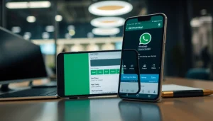 Explore the GB WhatsApp app features on a smartphone in a modern workspace.
