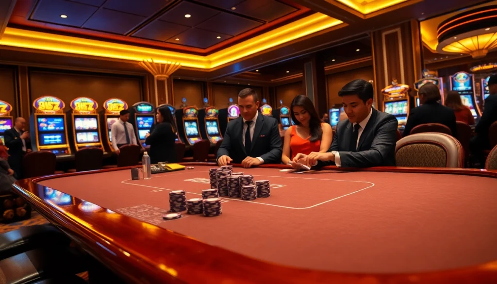 Players engaging at a b52-themed poker table in a luxurious casino, showcasing excitement and strategy.