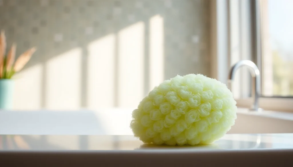 Clean and soft makeup remover loofah in a tranquil bathroom setting.