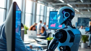 Engaging AI Employee effectively working with colleagues in a modern office.