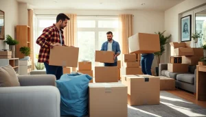 Efficient team conducting house removals Staffordshire while packing boxes in a bright environment.