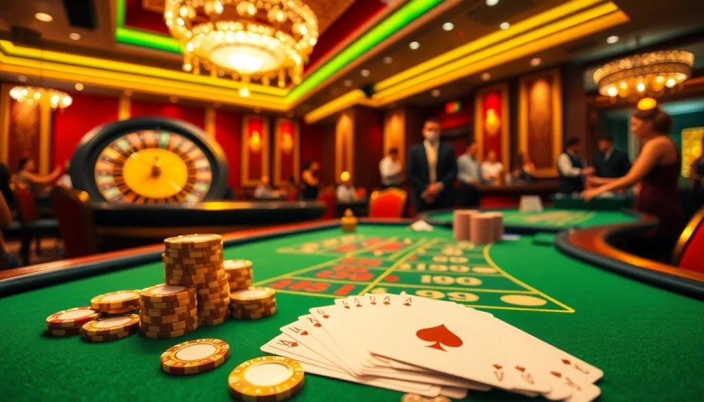 Engage with the exhilarating atmosphere of nhà cái da88 in a vibrant casino scene full of high-stakes action.