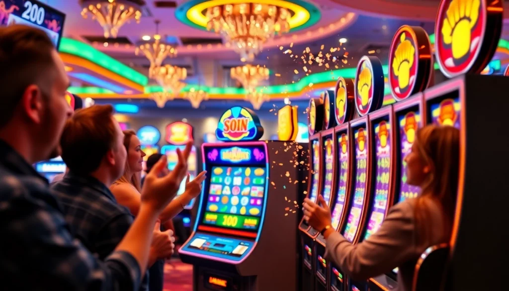 Slot depo 1k showcasing vibrant casino excitement with players celebrating wins.