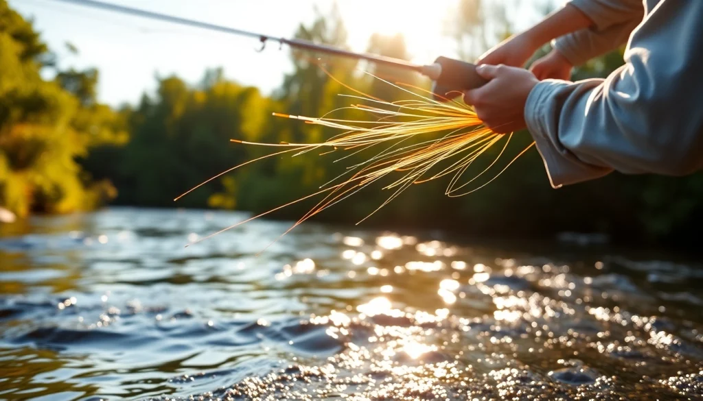 Angler skillfully using a fly fishing line against a beautiful river backdrop.