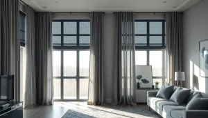 Verduisterende gordijnen zorgen voor een stijlvolle en rustige sfeer in de woonkamer.