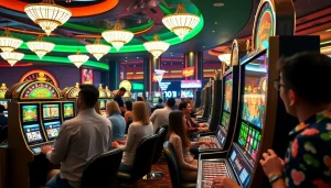 Pemain yang bersemangat berinteraksi dengan mesin Slot Depo 5K di kasino yang ramai.