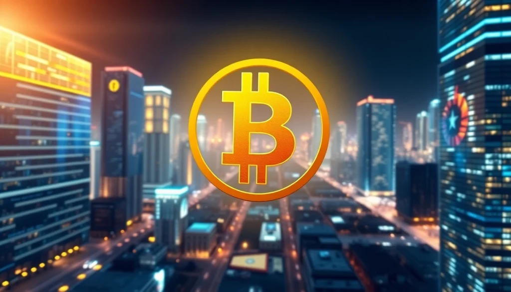 Comprendre bitcoin avec un symbole Bitcoin sur fond urbain moderne et dynamique.