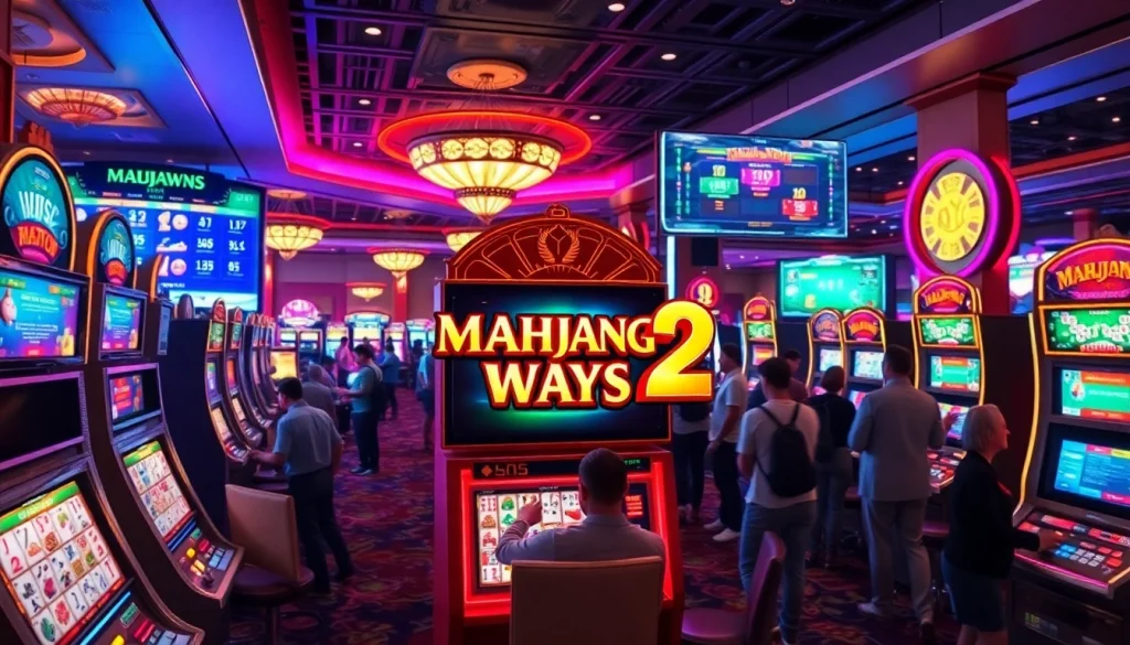 Excited players engaging with the Mahjong Ways 2 slot machine at a luxurious casino.