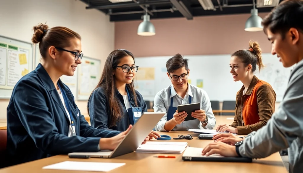 Students in a Trade School Tennessee classroom collaborating on a project with advanced technology.
