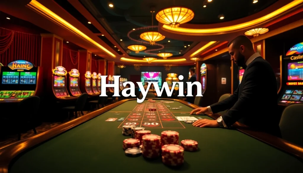 Haywin casino scene showcasing elegant poker tables and vibrant slot machines in a luxurious ambiance.