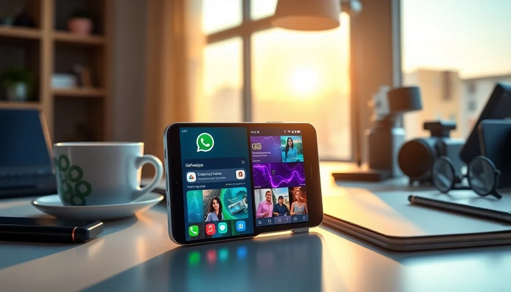 Showcasing GB WhatsApp app features on a smartphone in a modern office setting.