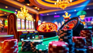 Experience the thrill of deposit pulsa Naga169 with vibrant casino gaming visuals showcasing slot machines and poker chips.