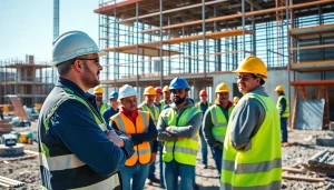 New Jersey General Contractor supervising a diverse team on a busy construction site, showcasing teamwork.
