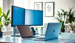 zirvegrupbilgisayar modern ofis ortamında dizüstü bilgisayar ve monitörler ile etkileyici bir çalışma alanı sunuyor.