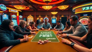 Players enjoying a lively poker game at 789club, showcasing excitement and luxury in gambling.