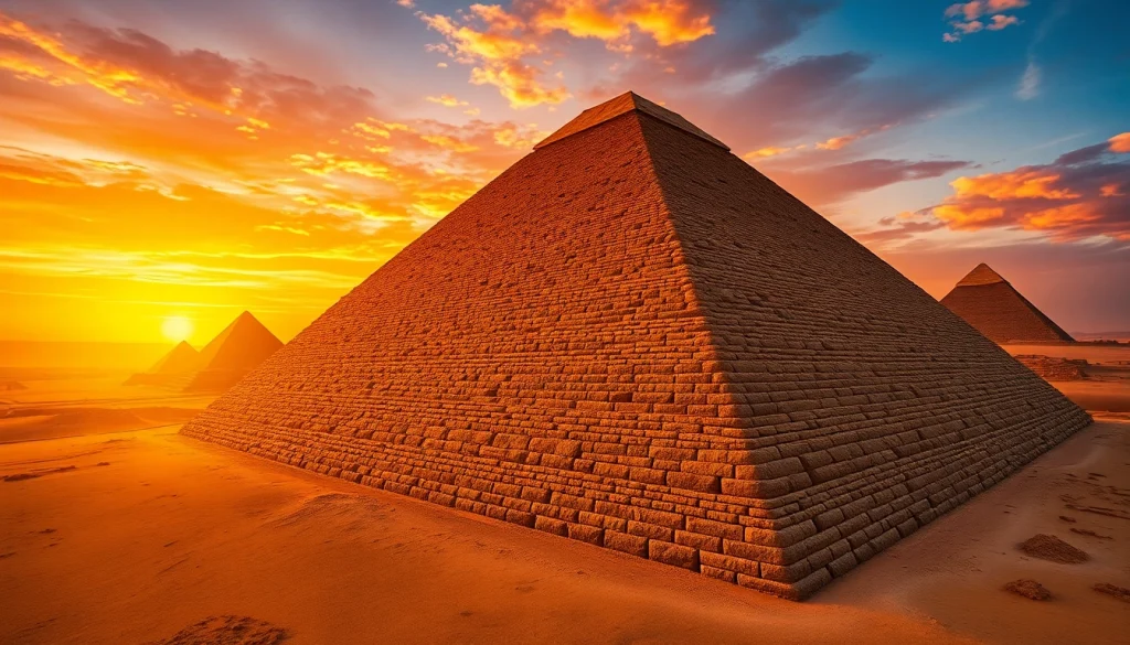 Piraminds towering under a sunset, showcasing their majestic architecture and ancient history.