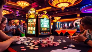 Experience the excitement of slot zeus in a vibrant casino setting with lively players and classic gaming elements.