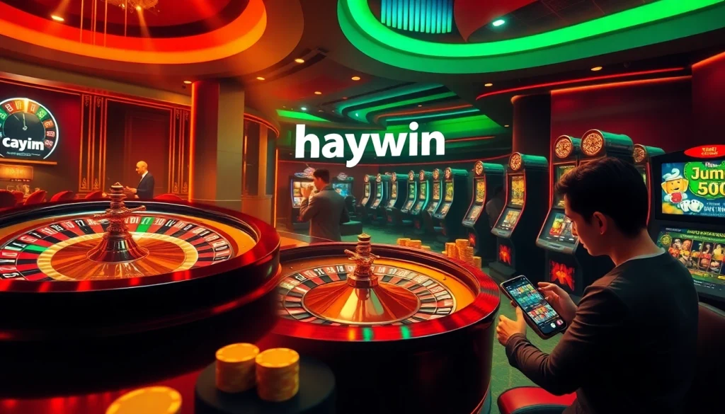 Players enjoying thrilling casino games at haywin, featuring poker chips and a roulette wheel in action.