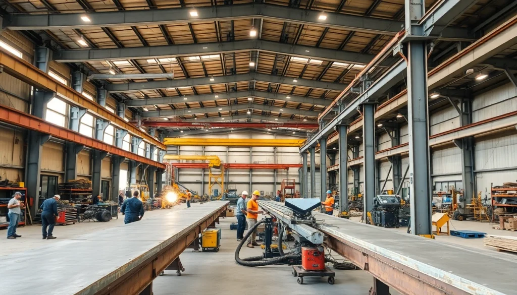 Workers executing structural steel fabrication in a bustling workshop, showcasing precise craftsmanship.