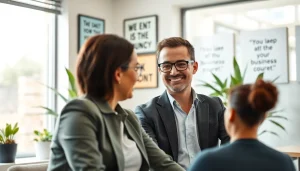 Engaging business coach near me guiding a client in a bright, modern office environment.