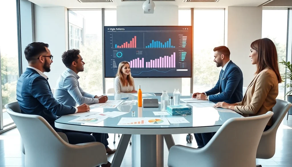 Engaged professionals at a social media agency collaborating and analyzing strategies.