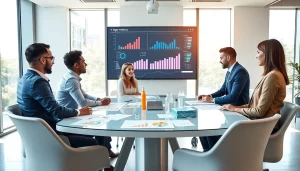 Engaged professionals at a social media agency collaborating and analyzing strategies.