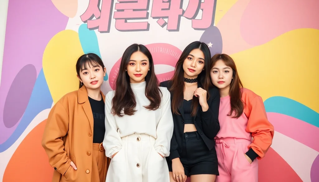 Blackpink members posing together with vibrant outfits and dynamic expressions.