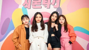 Blackpink members posing together with vibrant outfits and dynamic expressions.