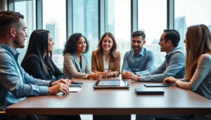 Business growth insights discussed by diverse professionals in a vibrant office setting.