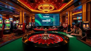 sbobet login terbaru featured prominently in a vibrant casino scene with roulette and poker tables.