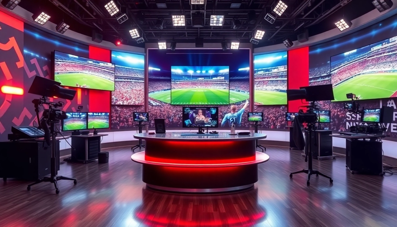 Engaging sports broadcasting scene showcasing dynamic setting, advanced technology, and lively atmosphere.