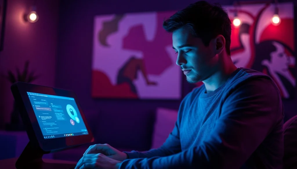 Engaging with an NSFW AI chatbot in a modern, intimate setting, showcasing a sleek device interface.