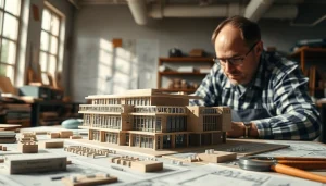 Architekturmodellbau Dortmund: Detailaufnahme eines Handwerkers, der ein architektonisches Modell in seiner Werkstatt erstellt.