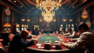 Players engaging at a high-stakes poker table in nhà cái fa88's luxurious casino setting, highlighting excitement.