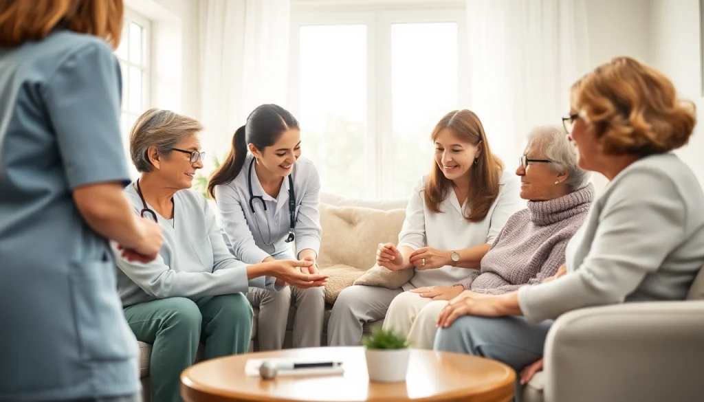 Engaging scene depicting senior care austin tx with professional caregivers and seniors in a warm home environment.