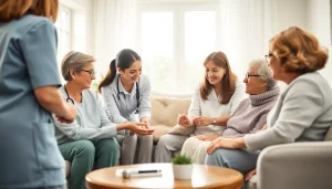 Engaging scene depicting senior care austin tx with professional caregivers and seniors in a warm home environment.