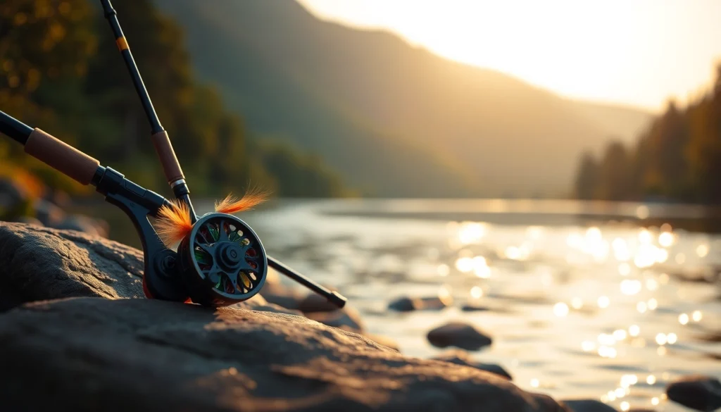Engaging fly fishing combo with vibrant lures showcased against a tranquil river backdrop.