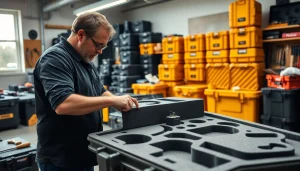 Craftsman creating Custom Foam Inserts Pelican Cases with precision tools in a bright workshop.