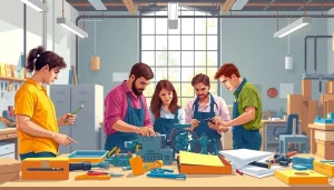 Students learning at trade schools in southern California in a modern workshop environment.